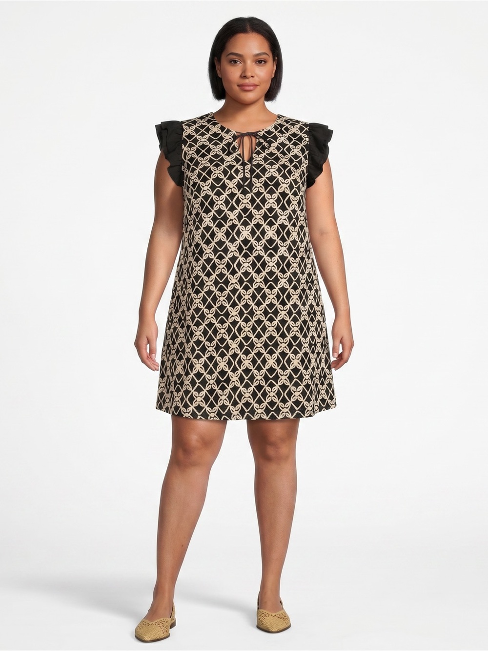 Skies Are Blue Curve Black Ruffle Sleeve Embroidered Split Neck Shift Dress 1X